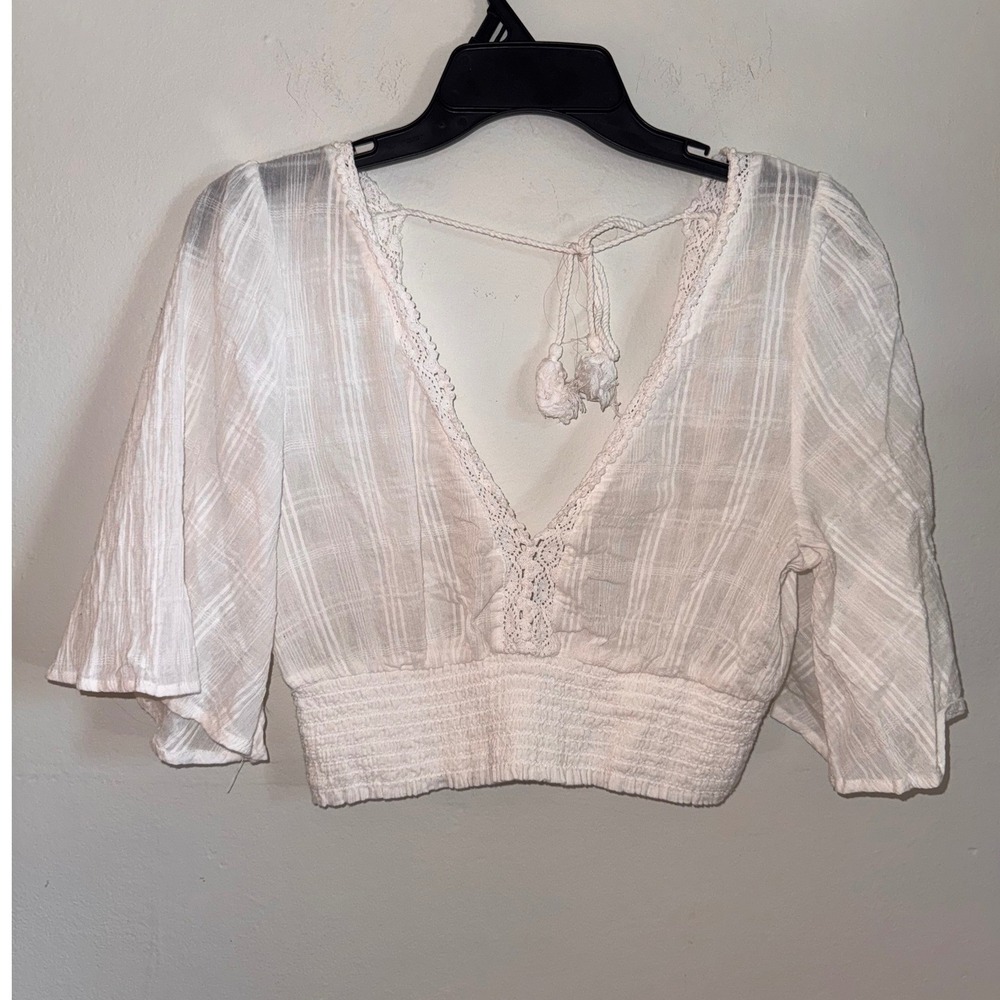 Timing White Cotton Gauze Boho Crop Top Lace Trim Bell Sleeve Tassel Tie Large